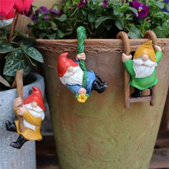 Set of 3 Garden Gnome Statues for Plant Pots Whimsical Climbing Dwarf Figurines - Picture 7 of 7